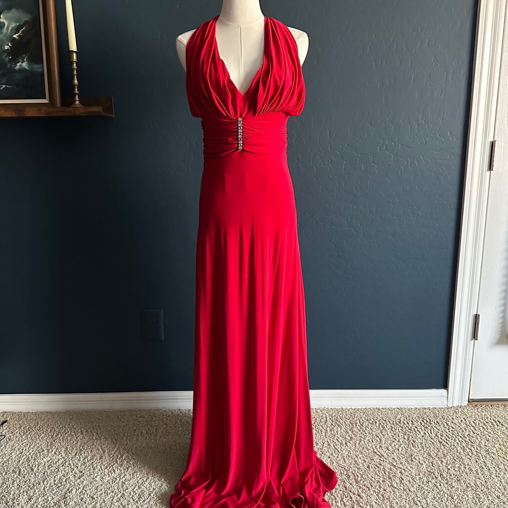 Frank Lyman Design Red Halter Gown - Rhinestone Ruched Waist - Vintage - 8